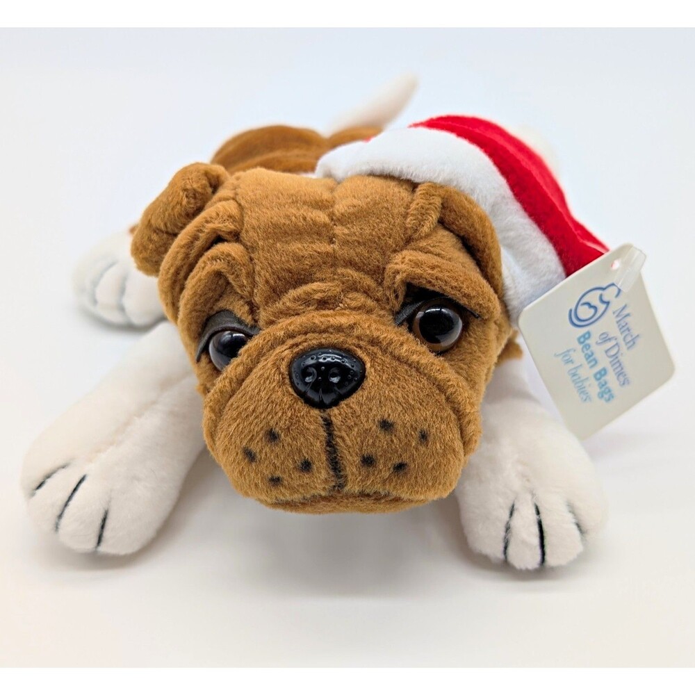 March of Dimes Bulldog Bean Bag Plush Stuffed Animal Santa Hat Tag 2000
